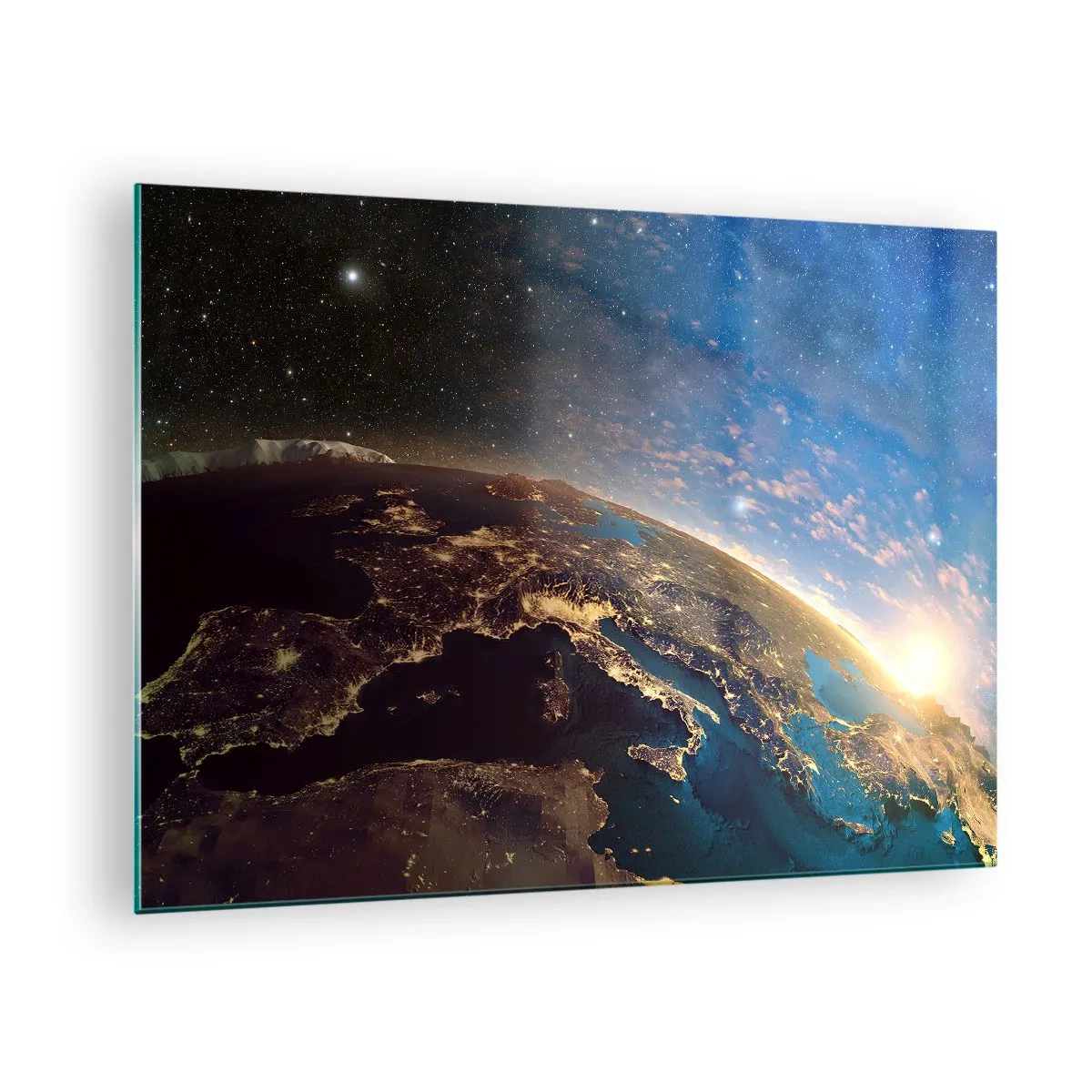 Obraz na szkle - Widok na Ziemię z kosmosu z widocznym wschodem słońca - 70x50cm - Spójrzmy na siebie z dystansu - Nowoczesna dekoracja ścienna do salonu i sypialni ARTTOR