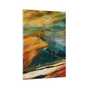 Obraz na szkle - Toskański krajobraz z polami, drogą i cyprysami - 70x100cm - Toskański pejzaż - Nowoczesna dekoracja ścienna do salonu i sypialni ARTTOR