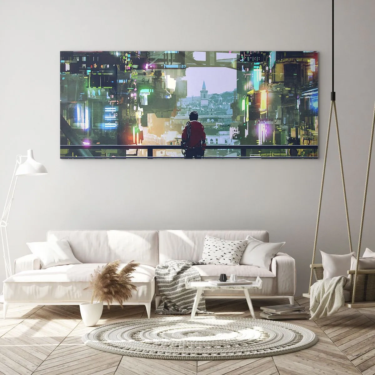 Obraz na szkle - Postać w futurystycznym mieście z neonowymi światłami - 120x50cm - Dwa światy - Nowoczesna dekoracja ścienna do salonu i sypialni ARTTOR