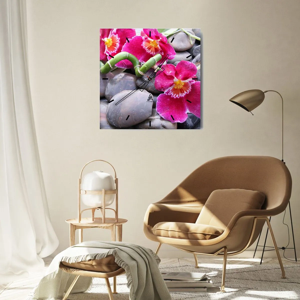 Zegar ścienny - Różowe orchidee na tle gładkich kamieni - 30x30cm - Chłód i żar - Nowoczesna dekoracja ścienna do salonu i sypialni ARTTOR