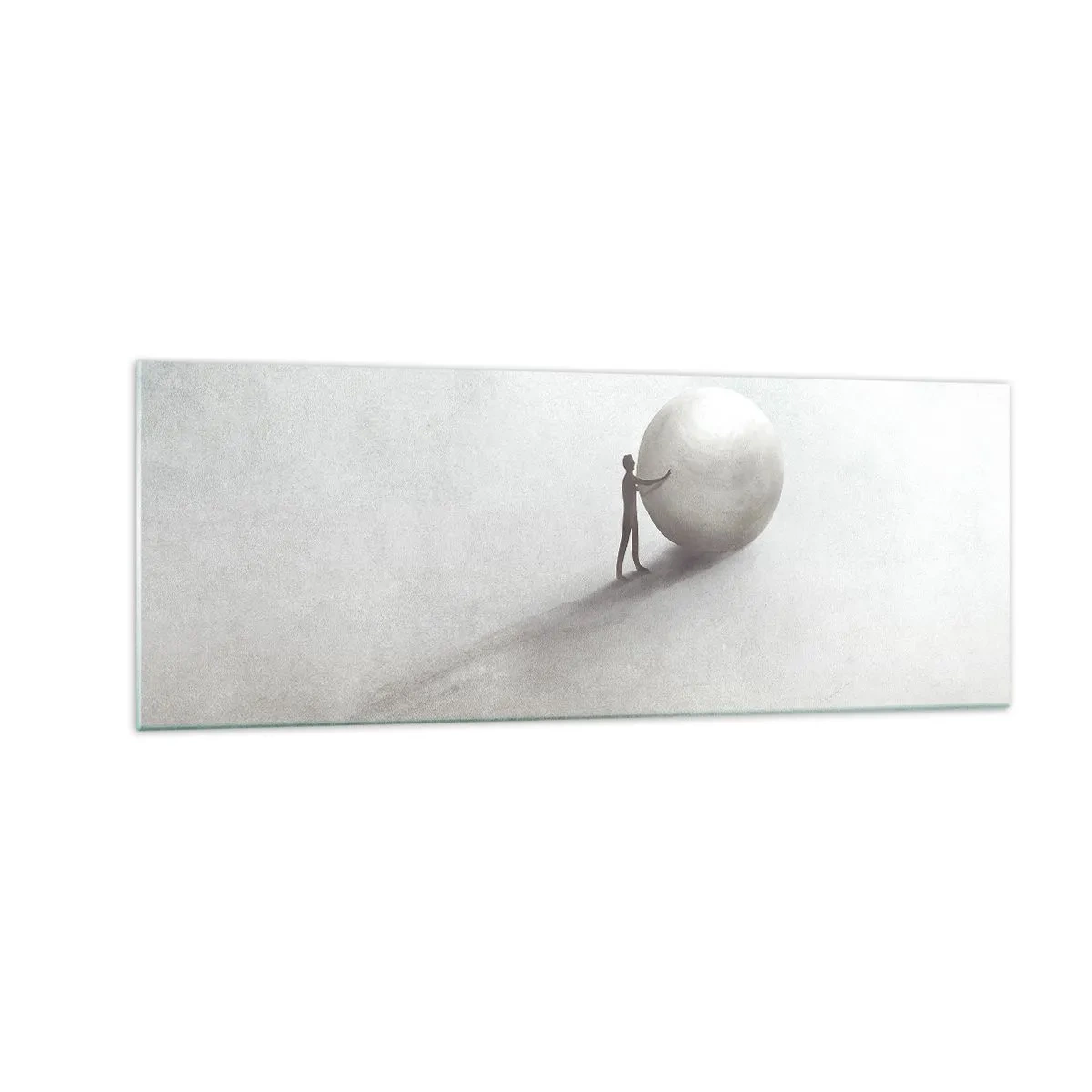 Obraz na szkle - Minimalistyczna postać z kulą na jasnym, monochromatycznym tle - 140x50cm - Gra życia - Nowoczesna dekoracja ścienna do salonu i sypialni ARTTOR