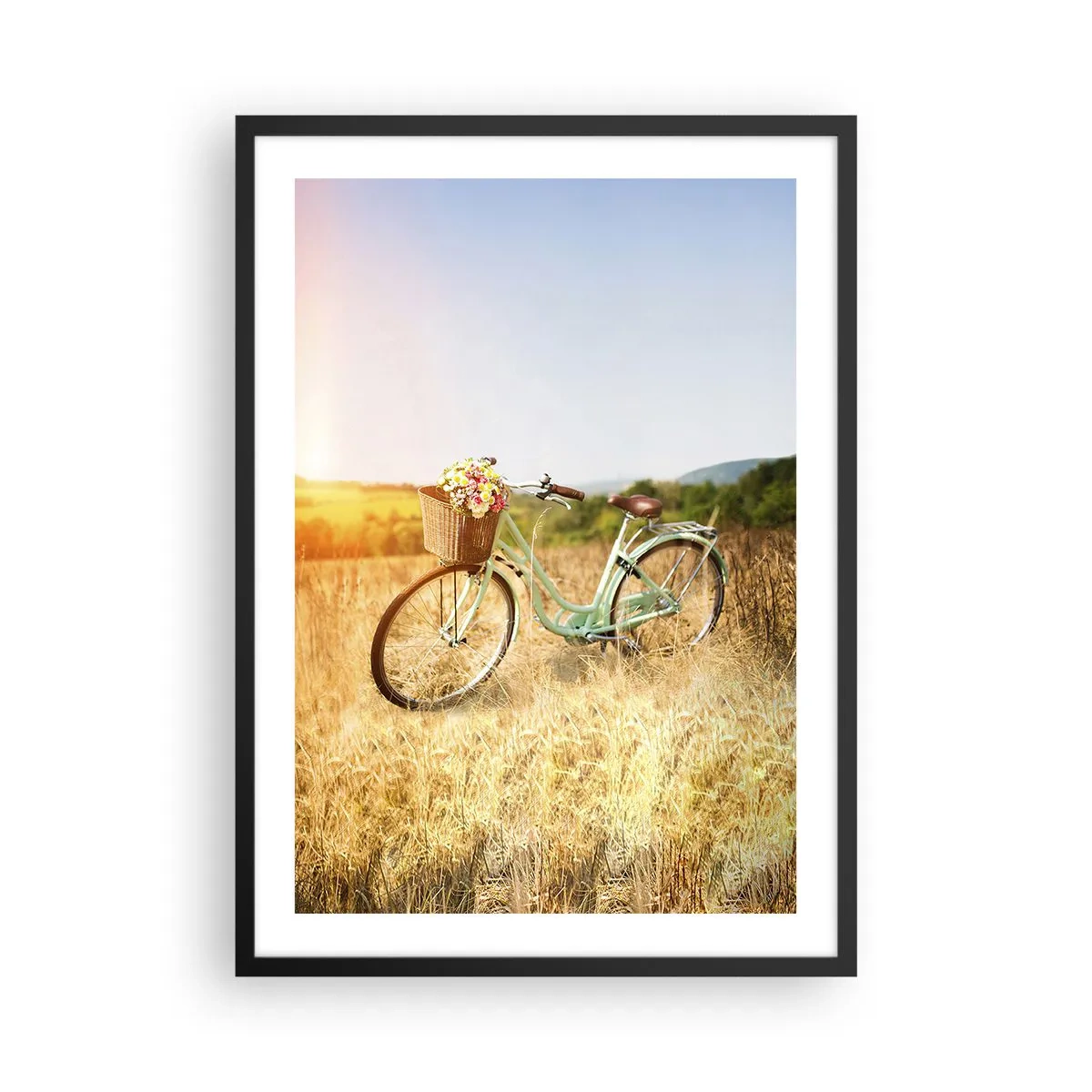 Plakat w czarnej ramie - Rower z koszykiem pełnym kwiatów na łące - 50x70cm - Zostanę tu chwilę - Nowoczesna dekoracja ścienna do salonu i sypialni ARTTOR