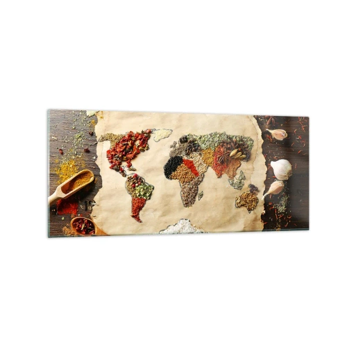 Obraz na szkle - Mapa świata wykonana z przypraw na drewnianym tle - 120x50cm - Wszystkie smaki świata - Nowoczesna dekoracja ścienna do salonu i sypialni ARTTOR