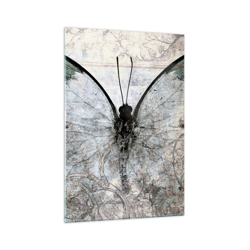 Obraz na szkle - Motyl w odcieniach zieleni i szarości na ozdobnym tle - 70x100cm - W secesyjnym stylu - Nowoczesna dekoracja ścienna do salonu i sypialni ARTTOR