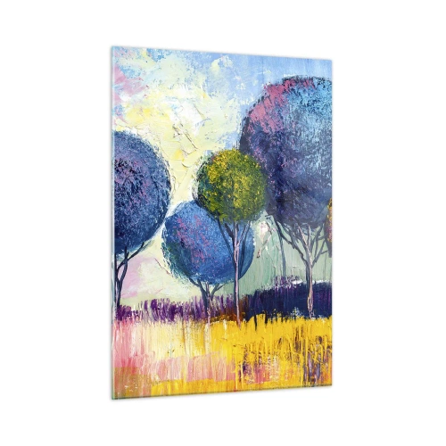 Obraz na szkle - Kolorowe drzewa na tle abstrakcyjnego krajobrazu - 50x70cm - Kula - kształt ideału - Nowoczesna dekoracja ścienna do salonu, kuchni i sypialni ARTTOR