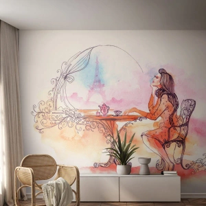 Fototapeta Standard Eco - Romantyczna kobieta przy stoliku z widokiem na wieżę - 100x70cm - Paryski szyk - Nowoczesna dekoracja ścienna do salonu i sypialni ARTTOR