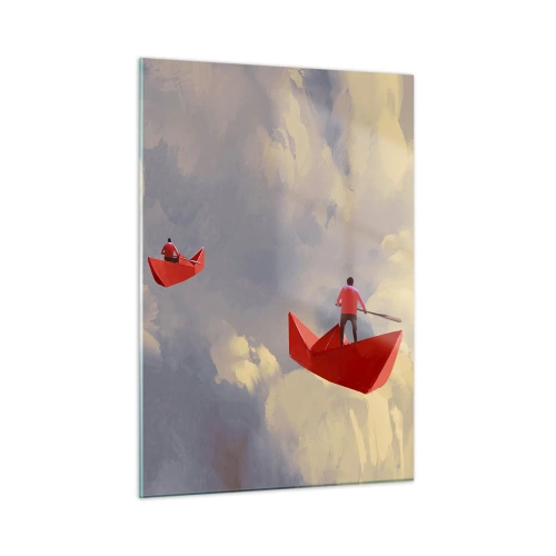 Obraz na szkle - Dwie osoby w czerwonych łodziach na tle nieba pełnego chmur - 50x70cm - Wyprawa marzycieli - Nowoczesna dekoracja ścienna do salonu, kuchni i sypialni ARTTOR