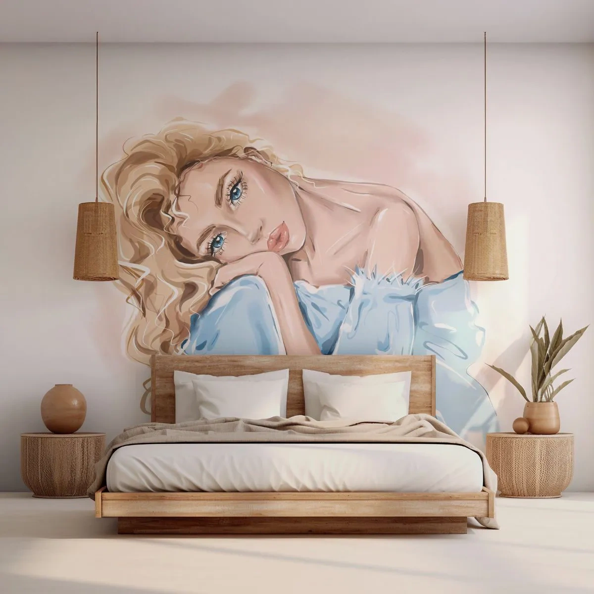 Fototapeta Premium Sand - Ilustracja kobiety w błękitnej sukni z blond włosami - 100x70cm - Rozmarzona w błękicie - Nowoczesna dekoracja ścienna do salonu, kuchni i sypialni ARTTOR