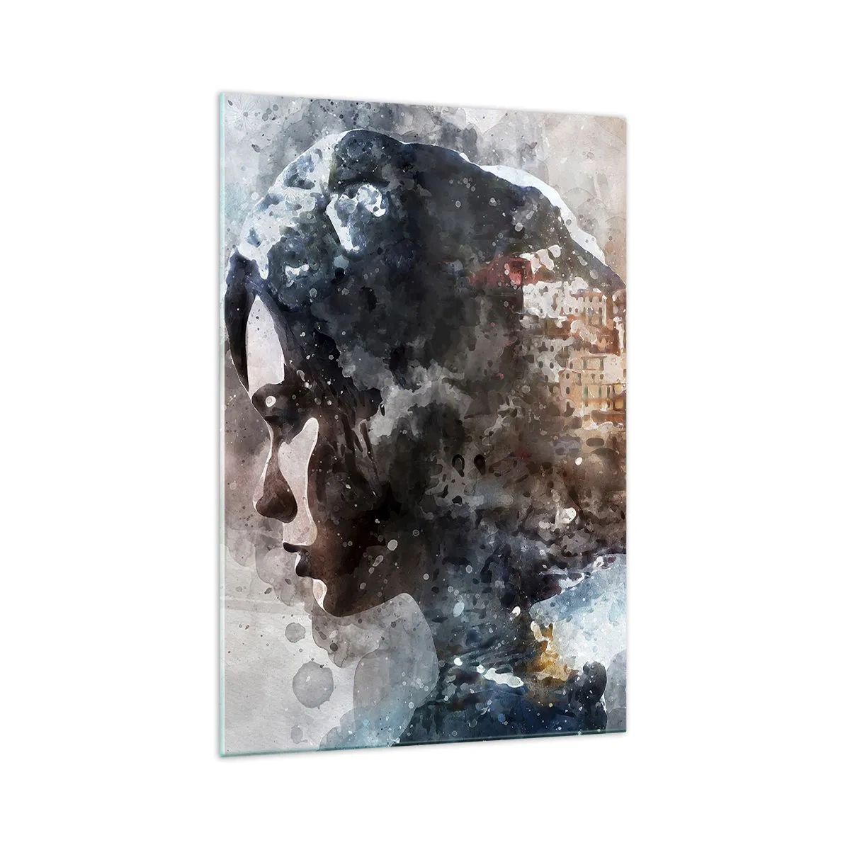 Obraz na szkle - Portret kobiety łączący twarz z miejskim krajobrazem w tle - 70x100cm - Opowieść o dziewczynie z miastem w tle - Nowoczesna dekoracja ścienna do salonu i sypialni ARTTOR
