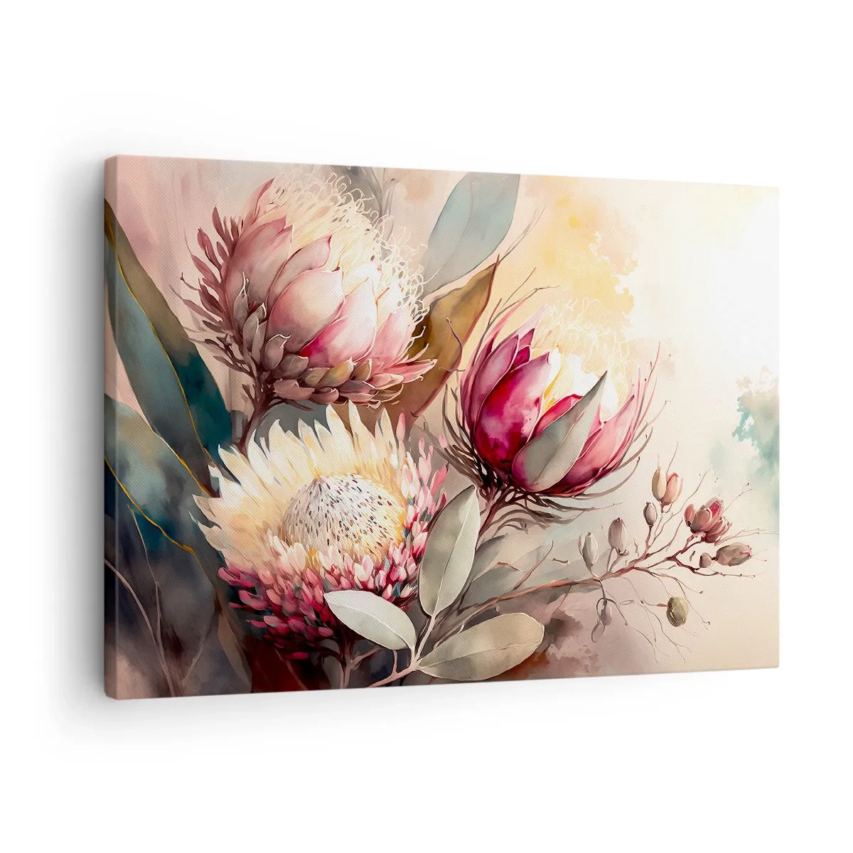 Obraz na płótnie - Kwiaty protei w delikatnych pastelowych odcieniach - 70x50cm - Z profilu i en face - Nowoczesna dekoracja ścienna do salonu i sypialni ARTTOR
