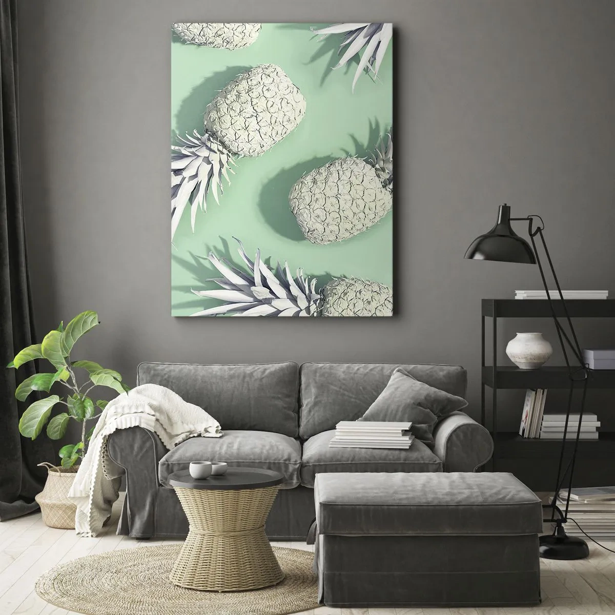 Obraz na płótnie - Białe ananasy na miętowym tle w minimalistycznym stylu - 50x70cm - świetnie komponują się z miętą - Nowoczesna dekoracja ścienna do salonu, kuchni i sypialni ARTTOR