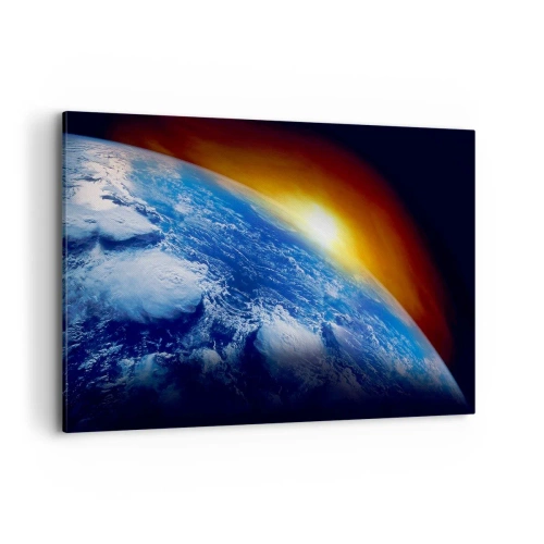 Obraz na płótnie - Widok na Ziemię z kosmosu przy zachodzącym słońcu - 120x80cm - Wschód słońca nad błękitną planetą - Nowoczesna dekoracja ścienna do salonu, kuchni i sypialni ARTTOR