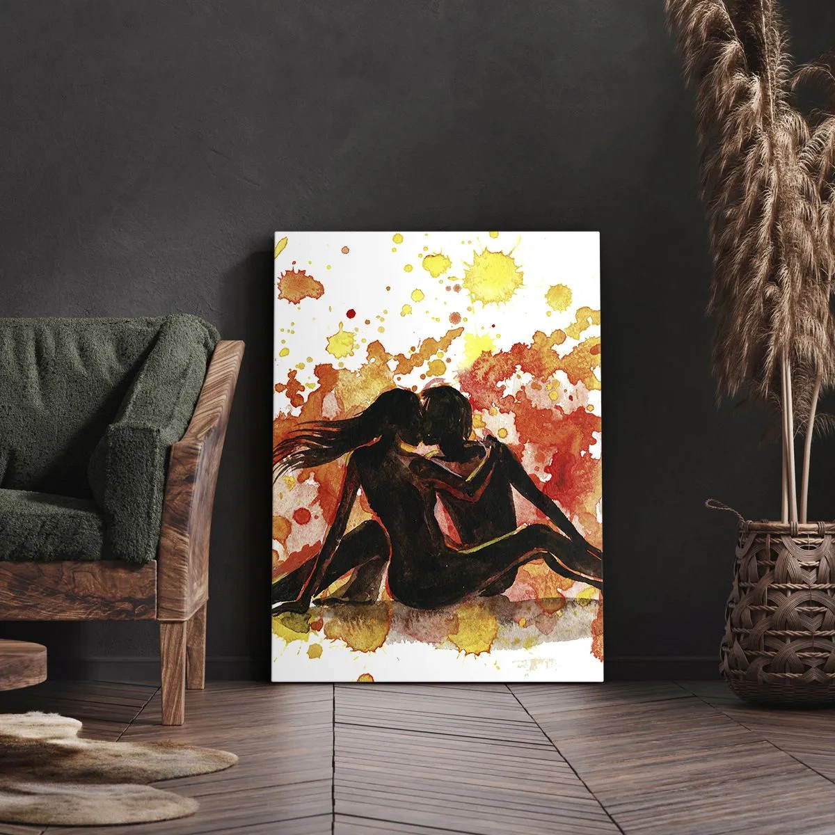 Obraz na płótnie - Para zakochanych na tle abstrakcyjnych plam w odcieniach pomarańczy i żółci - 50x70cm - I stała się światłość - Nowoczesna dekoracja ścienna do salonu, kuchni i sypialni ARTTOR