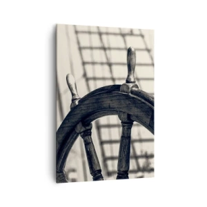 Obraz na płótnie - Ster żeglarski w stylu retro na tle statku - 70x100cm - Morskie opowieści - Nowoczesna dekoracja ścienna do salonu i sypialni ARTTOR