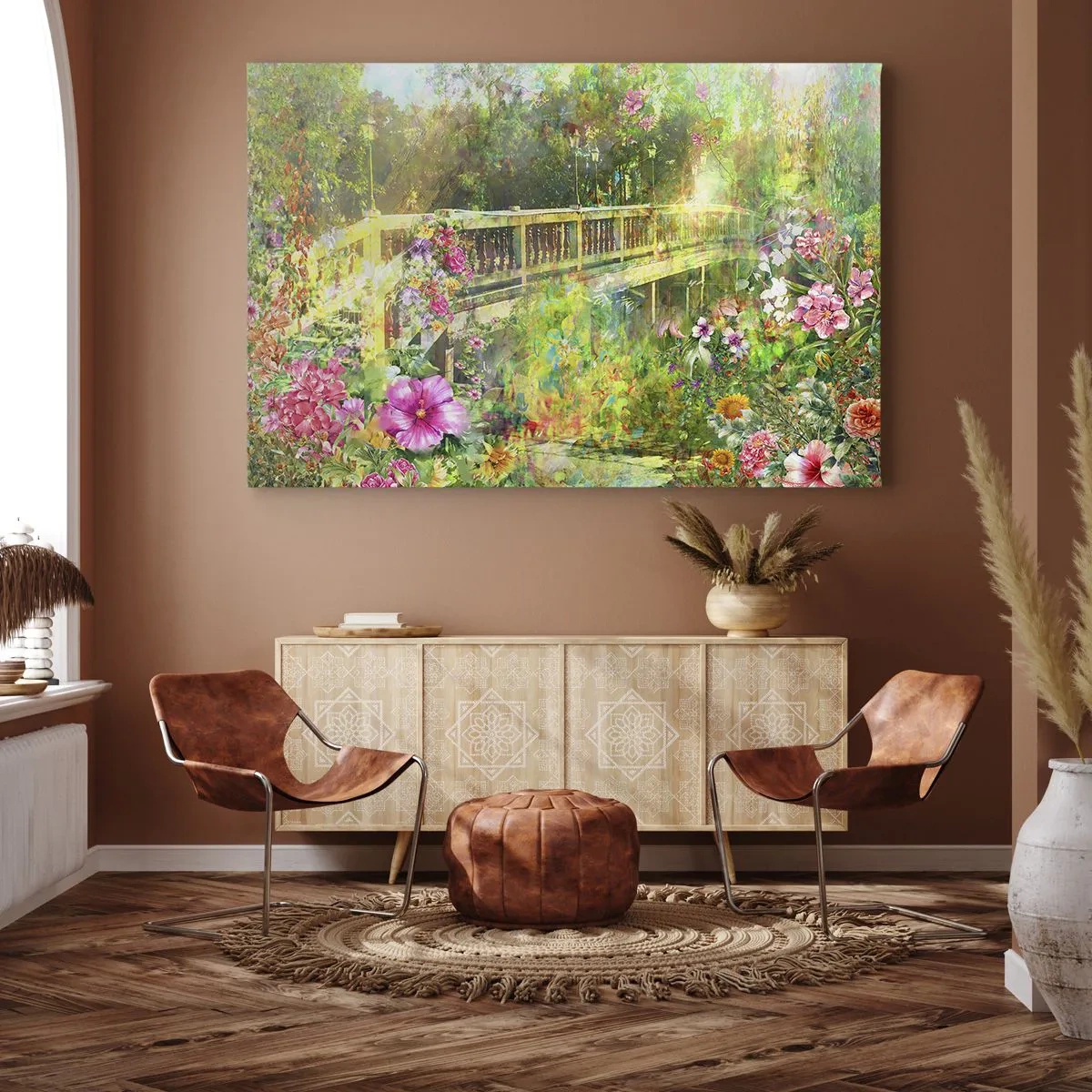 Obraz na płótnie - Most w otoczeniu bujnej roślinności i kwiatów - 70x50cm - Mostek wiosennych westchnień - Nowoczesna dekoracja ścienna do salonu i sypialni ARTTOR