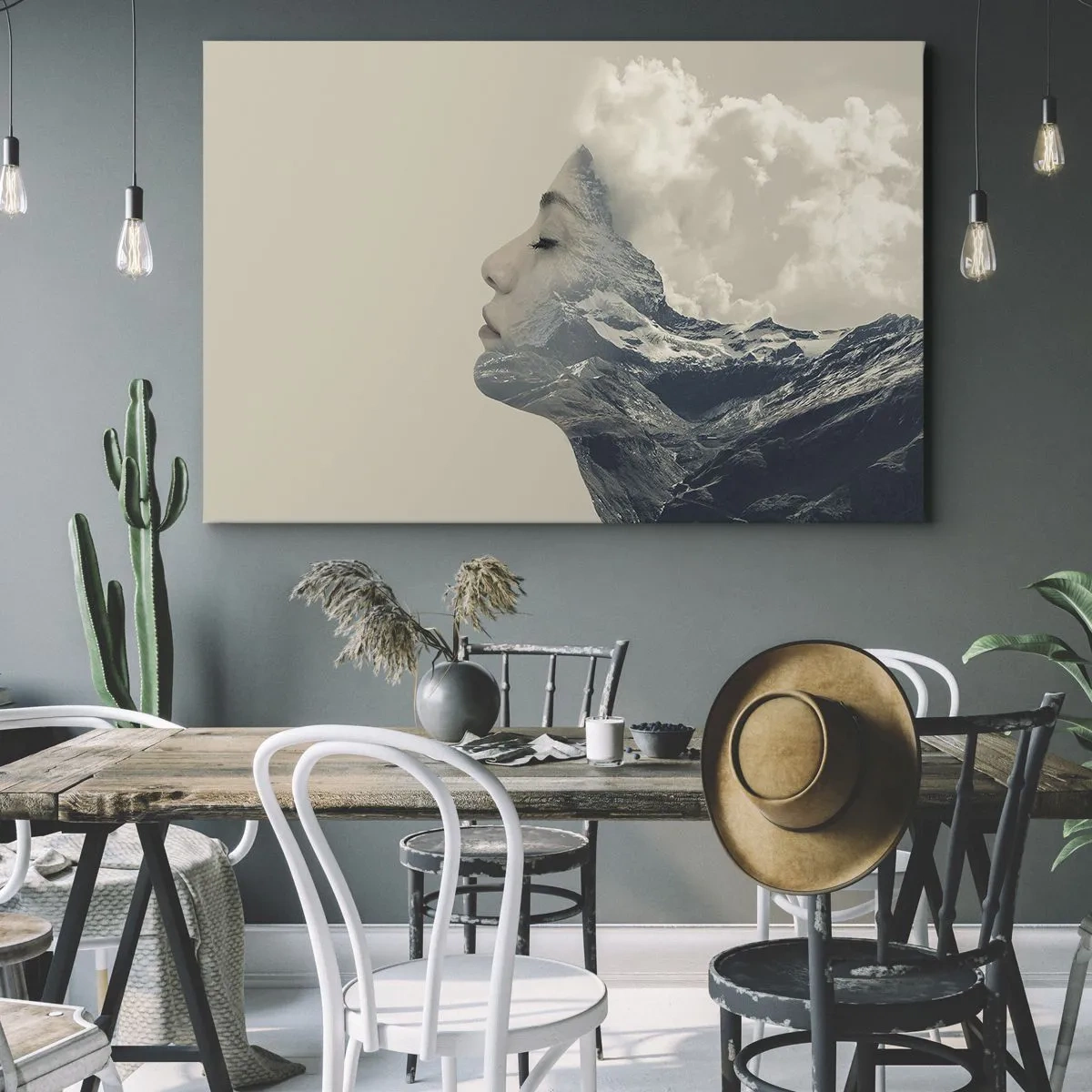 Obraz na płótnie - Sylwetka kobiety z krajobrazem gór w tle - 70x50cm - Uroda żywiołów - Nowoczesna dekoracja ścienna do salonu i sypialni ARTTOR