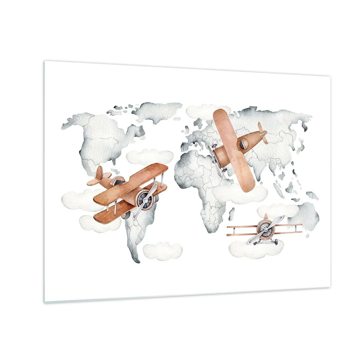 Obraz na szkle - Mapa świata z samolotami w stylu retro dla dzieci - 70x50cm - W pionierskim duchu - Nowoczesna dekoracja ścienna do salonu i sypialni ARTTOR