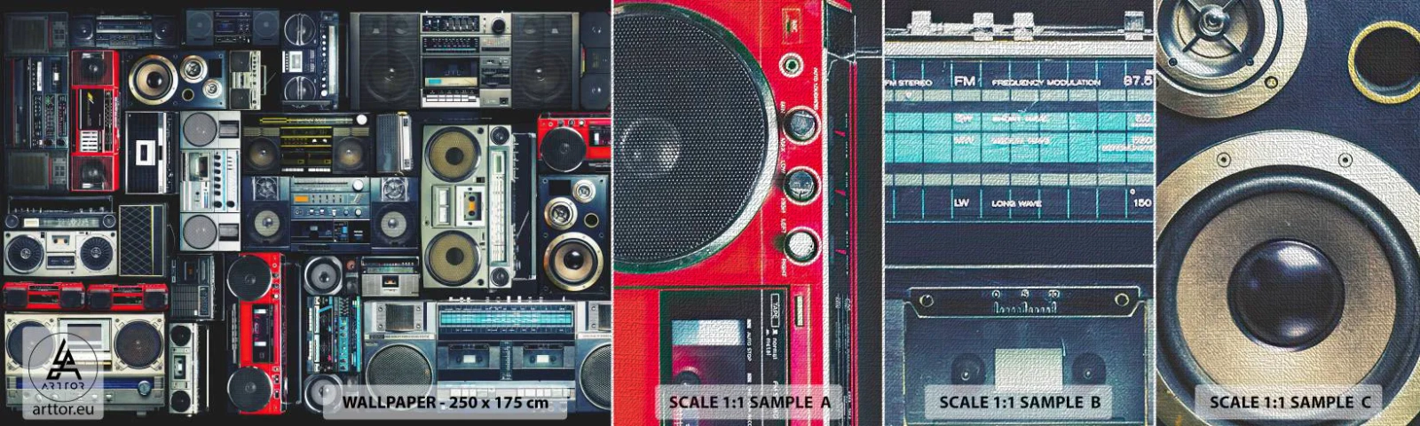 Fototapeta Próbka Premium Canvas - Tęsknota za latami 80. - Magnetofon, Wzmacniacz Muzyczny, Sprzęt Muzyczny Vintage - 100x30 cm