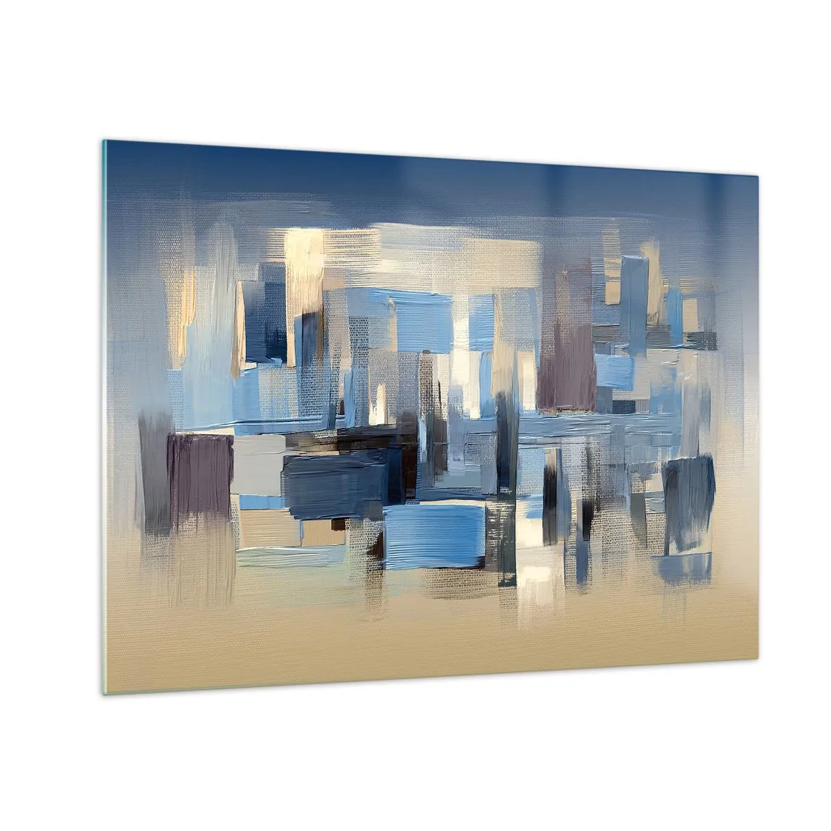 Obraz na szkle - Geometryczne pociągnięcia pędzla w odcieniach błękitu i beżu - 70x50cm - Błękitna konstrukcja - Nowoczesna dekoracja ścienna do salonu i sypialni ARTTOR