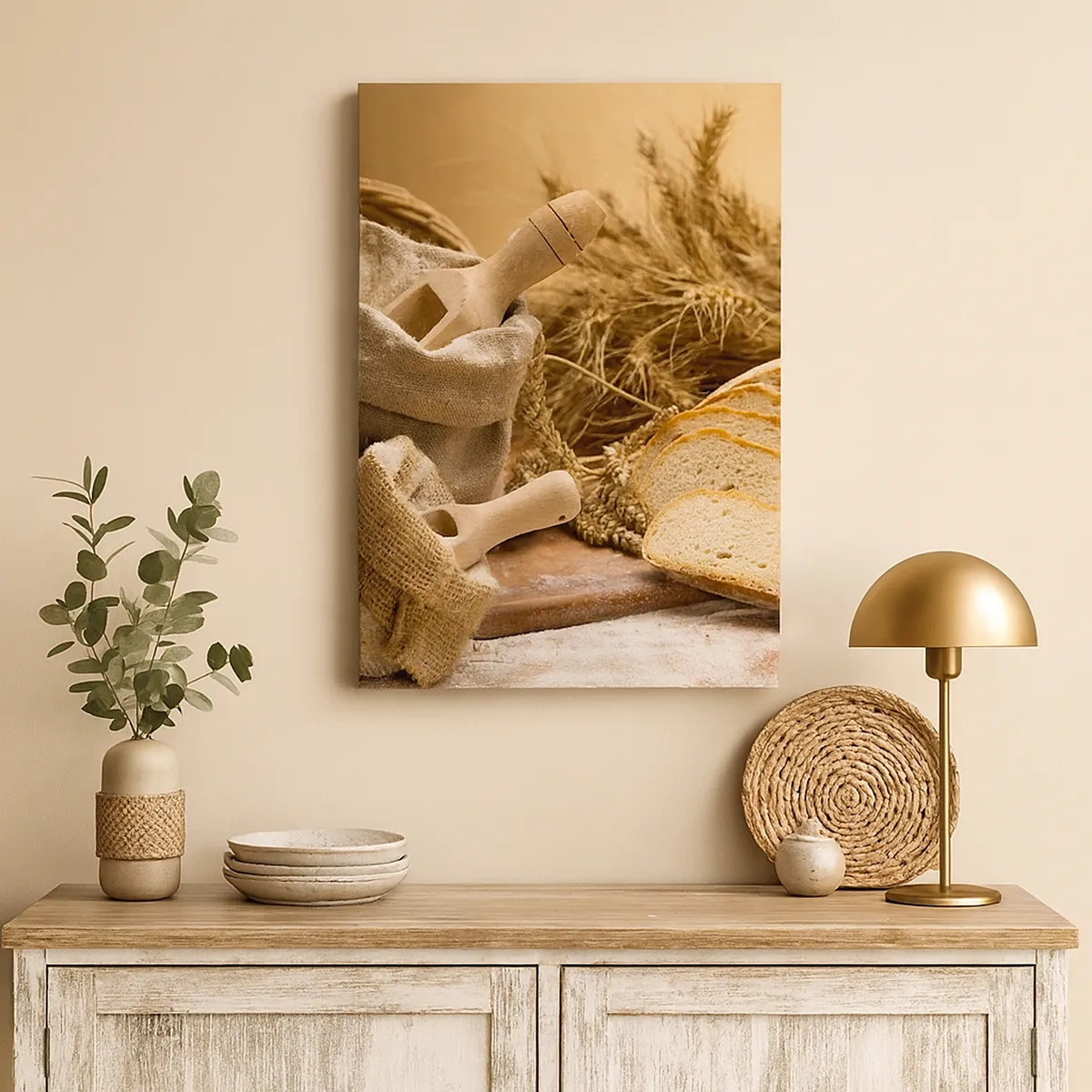 Obraz na płótnie - Worki z mąką, drewniane łyżki i świeże pieczywo - 50x70cm - Jak nożem uciął - Nowoczesna dekoracja ścienna do salonu, kuchni i sypialni ARTTOR