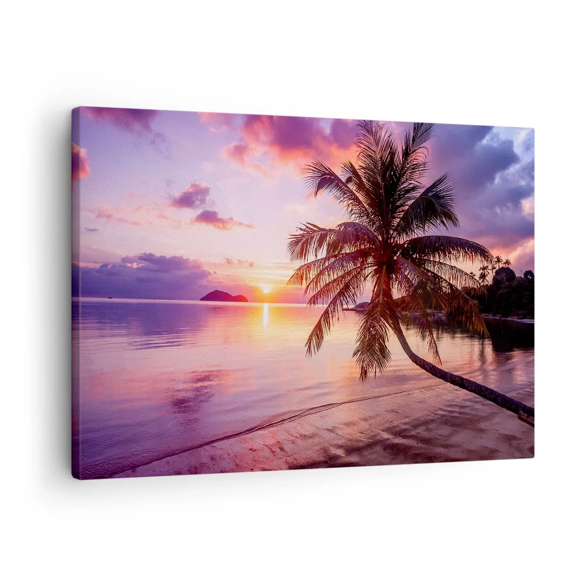 Obraz na płótnie - Tropikalna plaża z palmą o zachodzie słońca - 70x50cm - Błogość aż po horyzont - Nowoczesna dekoracja ścienna do salonu i sypialni ARTTOR