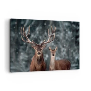 Obraz na płótnie - Jelenie w zimowym lesie pokrytym śniegiem - 120x80cm - Pan lasu z małżonką - Nowoczesna dekoracja ścienna do salonu, kuchni i sypialni ARTTOR