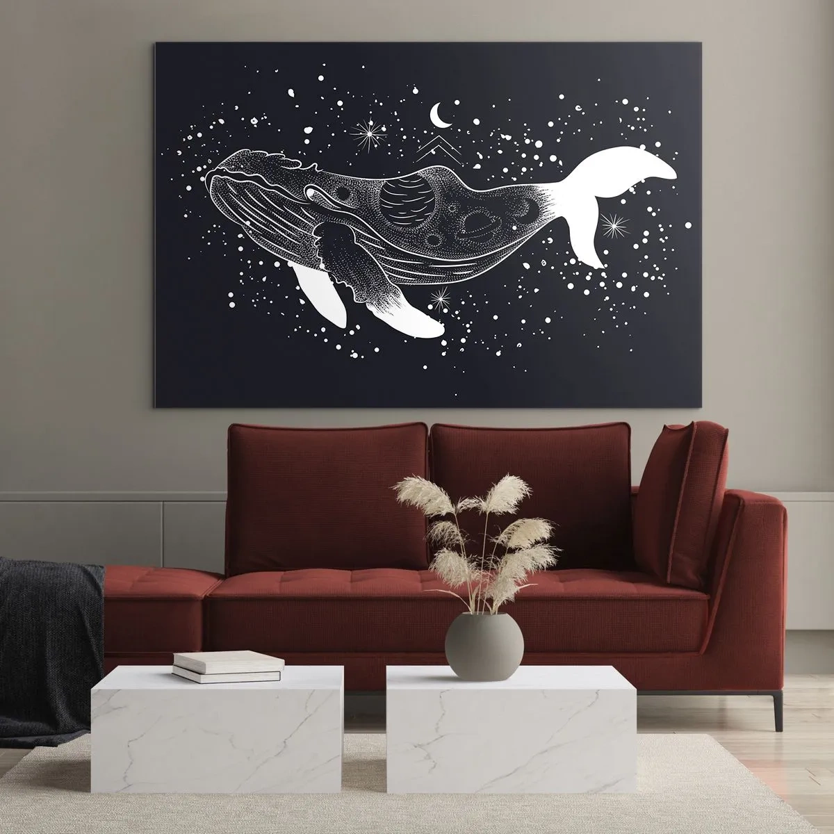 Obraz na szkle - Graficzna biała sylwetka wieloryba unoszącego się w kosmosie - 70x50cm - W oceanie wszechświata - Nowoczesna dekoracja ścienna do salonu i sypialni ARTTOR