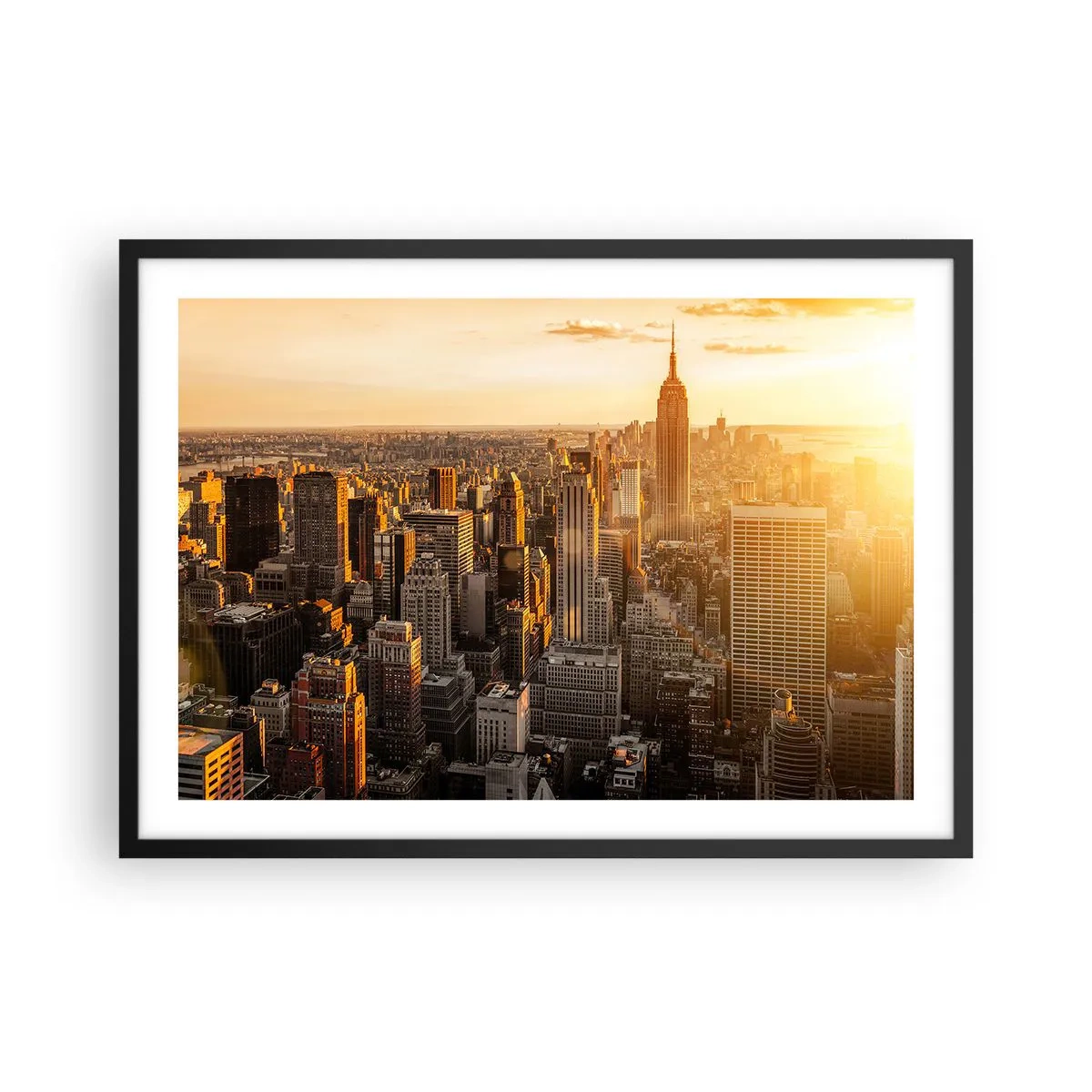 Plakat w czarnej ramie - Panorama Nowego Jorku o zachodzie słońca z widokiem na Empire State Building - 70x50cm - Rosnąc w słońcu - Nowoczesna dekoracja ścienna do salonu i sypialni ARTTOR
