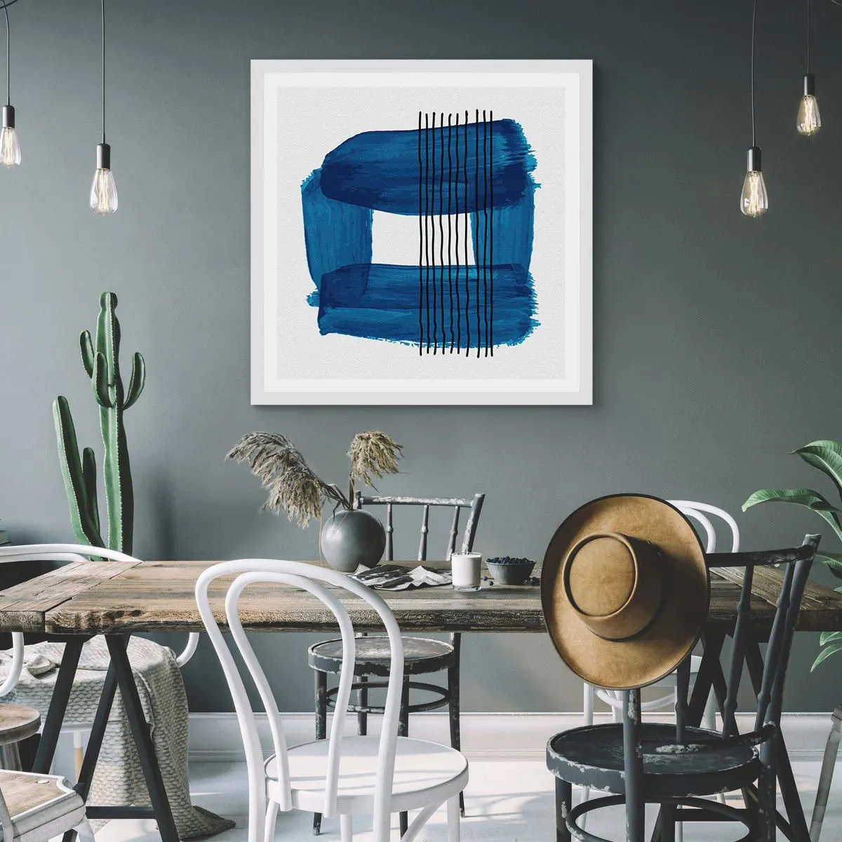 Plakat w białej ramie - Niebiesko-czarna kompozycja - 40x40 cm