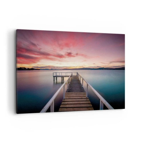 Obraz na płótnie - Pomost prowadzący na spokojne jezioro o zachodzie słońca - 100x70cm - Łagodny płomień wieczoru - Nowoczesna dekoracja ścienna do salonu, kuchni i sypialni ARTTOR