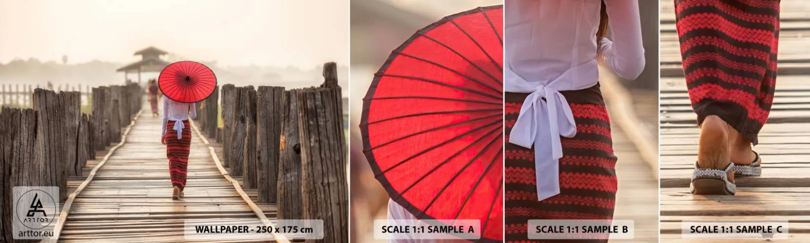 Fototapeta Próbka Standard Eco - Na starym moście - Parasol, Birma, Drewniany Pomost - 100x30 cm