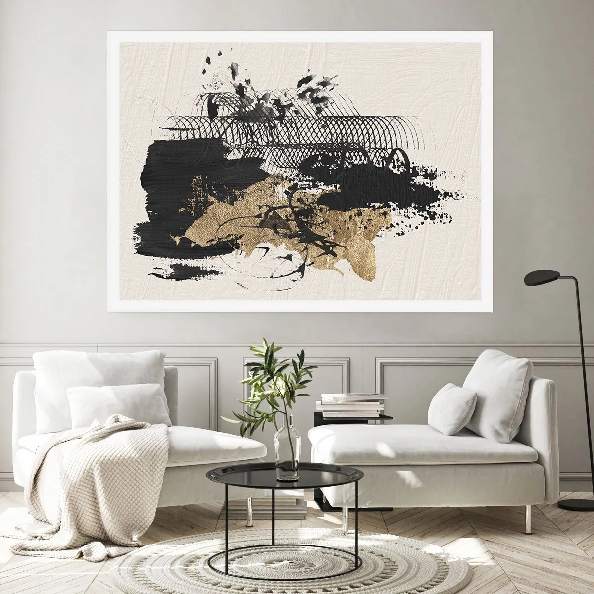 Plakat - Abstrakcyjny obraz w czerni i złocie z dynamicznymi liniami i strukturami - 100x70cm - Kompozycja z pasją - Nowoczesna dekoracja ścienna do salonu i sypialni ARTTOR