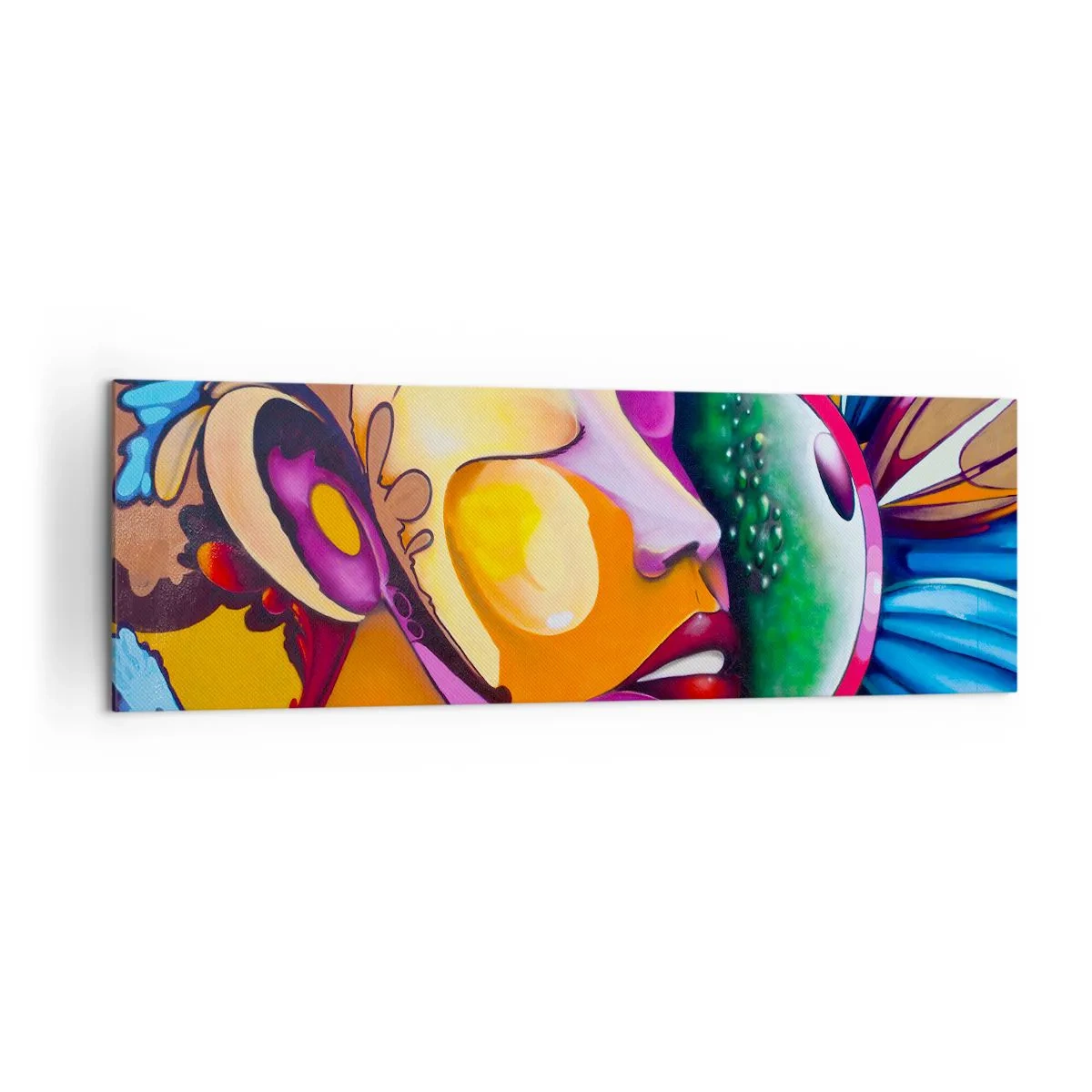 Obraz na płótnie - Kolorowa abstrakcja z motywem twarzy w dynamicznej kompozycji - 160x50cm - Dotknąć kolorem - Nowoczesna dekoracja ścienna do salonu i sypialni ARTTOR