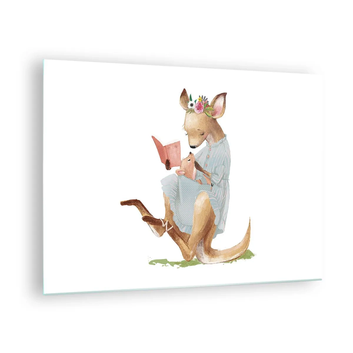 Obraz na szkle - Mama kangurzyca czytająca książkę małemu kangurkowi - 70x50cm - Poczytaj mi, mamo - Nowoczesna dekoracja ścienna do salonu i sypialni ARTTOR