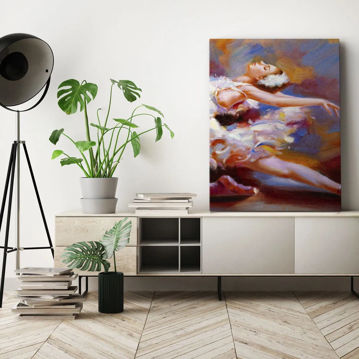 Obraz na płótnie - Balerina w dynamicznej pozie wśród pastelowych barw - 70x100cm - Łabędzia gracja - Nowoczesna dekoracja ścienna do salonu i sypialni ARTTOR