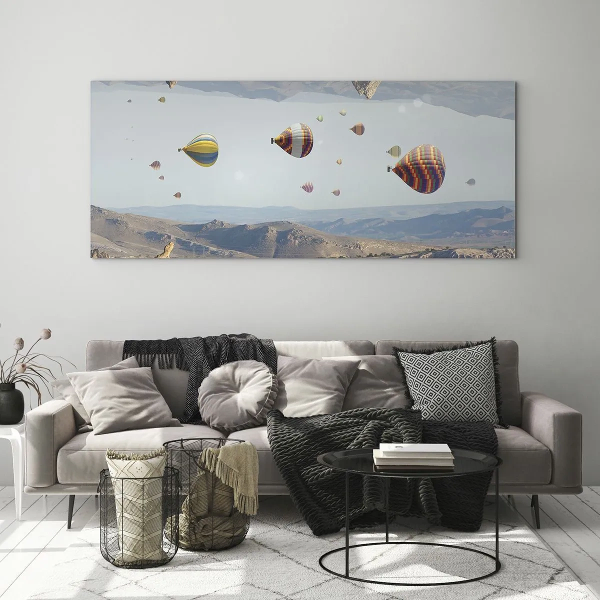 Obraz na szkle - Kolorowe balony nad skalnym krajobrazem - 120x50cm - Tu wszystko jest możliwe - Nowoczesna dekoracja ścienna do salonu i sypialni ARTTOR