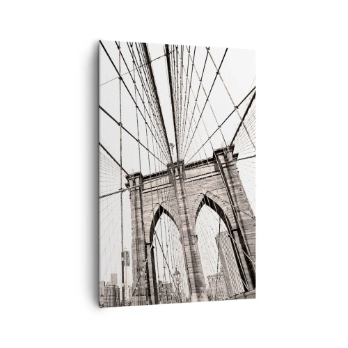 Obraz na płótnie - Most Brooklyn w monochromatycznym ujęciu - 80x120cm - Nowojorska katedra - Nowoczesna dekoracja ścienna do salonu i sypialni ARTTOR