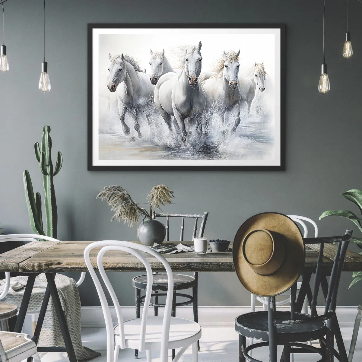 Plakat w czarnej ramie - Białe konie galopujące przez wodę - 100x70cm - Biała magia - Nowoczesna dekoracja ścienna do salonu i sypialni ARTTOR