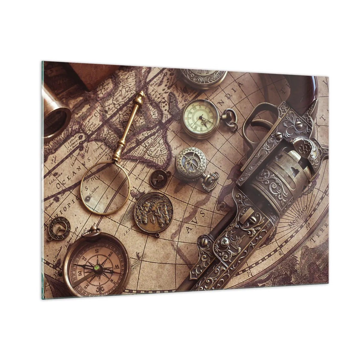 Obraz na szkle - Starożytne przedmioty i mapa - 100x70cm - Przygoda wzywa - Nowoczesna dekoracja ścienna do salonu, kuchni i sypialni ARTTOR