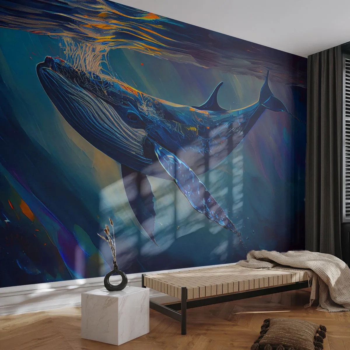 Fototapeta Premium Sand - Wieloryb płynący pod taflą wody w świetle i barwach oceanu - 100x70cm - Witaj w moim świecie - Nowoczesna dekoracja ścienna do salonu, kuchni i sypialni ARTTOR