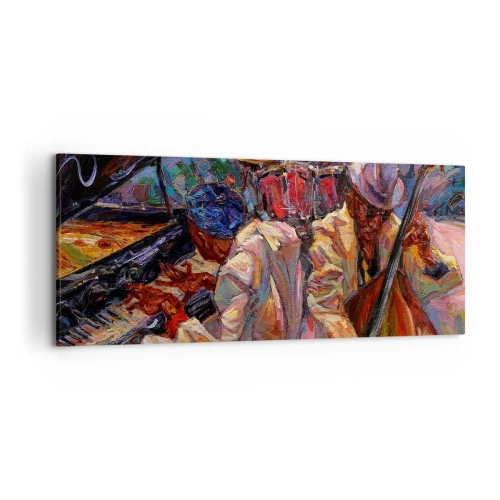 Obraz na płótnie - Energetyczna scena jazzowa z muzykami i instrumentami - 120x50cm - W jednym rytmie - Nowoczesna dekoracja ścienna do salonu i sypialni ARTTOR