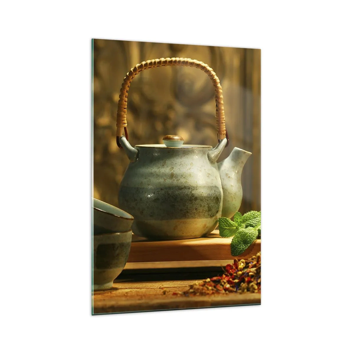 Obraz na szkle - Ceramiczny dzbanek z filiżankami i suszem herbacianym - 70x100cm - Traktat o piciu herbaty - Nowoczesna dekoracja ścienna do salonu i sypialni ARTTOR