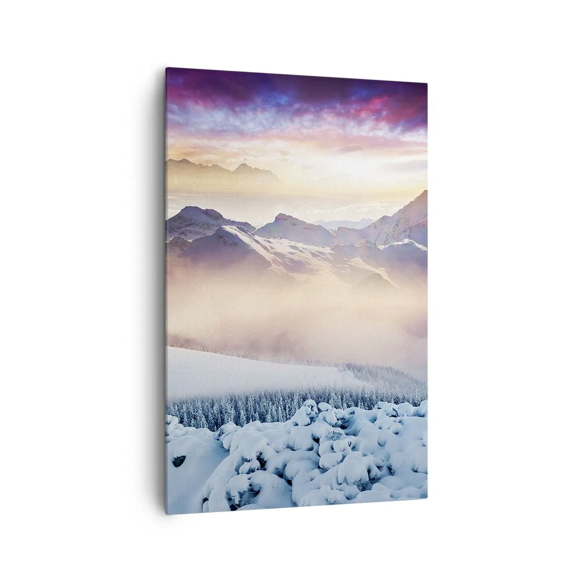 Obraz na płótnie - Zaśnieżone góry o świcie z kolorowym niebem - 80x120cm - Siła i czystość natury - Nowoczesna dekoracja ścienna do salonu i sypialni ARTTOR