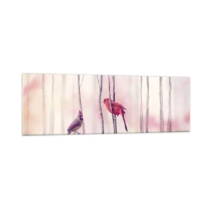 Obraz na szkle - Para kardynałów na gałęziach w pastelowym krajobrazie - 160x50cm - Opowieść różowego lasu - Nowoczesna dekoracja ścienna do salonu i sypialni ARTTOR
