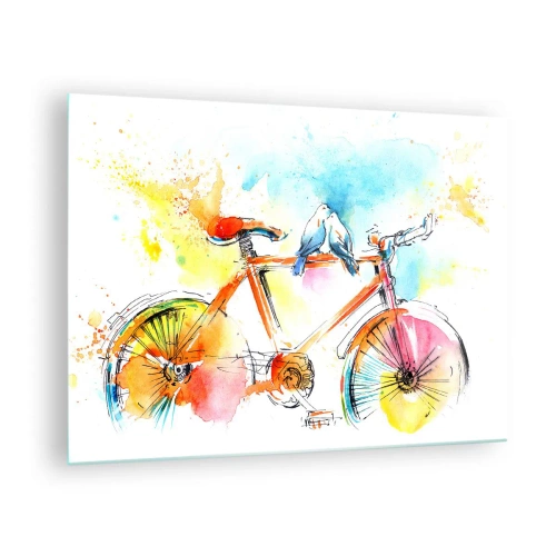 Obraz na szkle - Kolorowy rower z siedzącymi ptakami na kierownicy - 70x50cm - We dwoje na rowerze - Nowoczesna dekoracja ścienna do salonu i sypialni ARTTOR