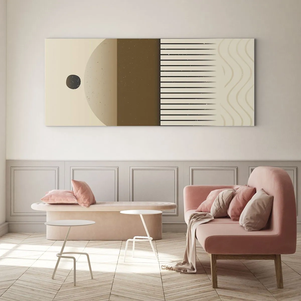 Obraz na szkle - Abstrakcyjna kompozycja geometryczna w beżach i brązach - 120x50cm - Różne stany - Nowoczesna dekoracja ścienna do salonu i sypialni ARTTOR