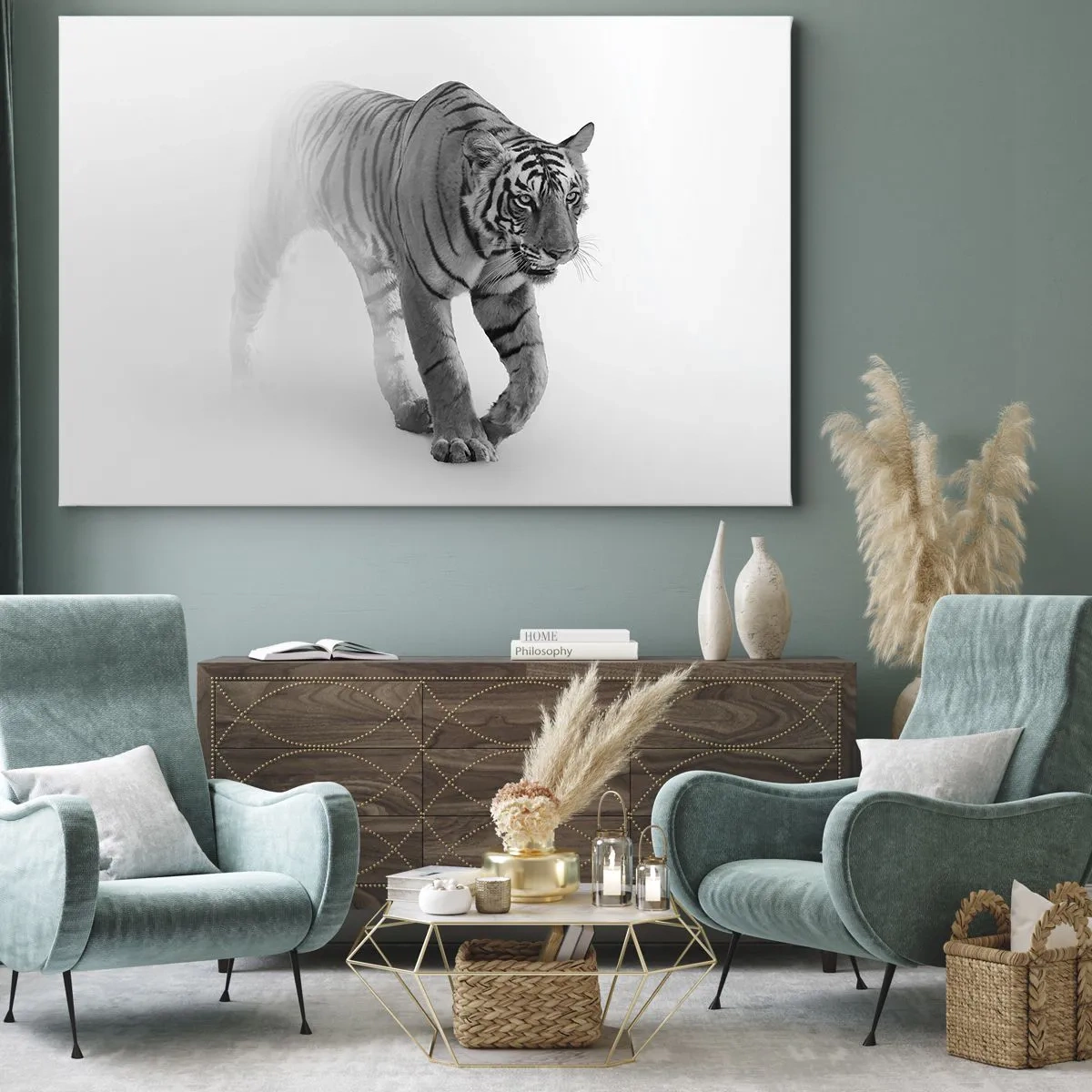 Obraz na płótnie - Tygrys wyłaniający się z mgły - 120x80cm - Przyczajony we mgle - Nowoczesna dekoracja ścienna do salonu, kuchni i sypialni ARTTOR