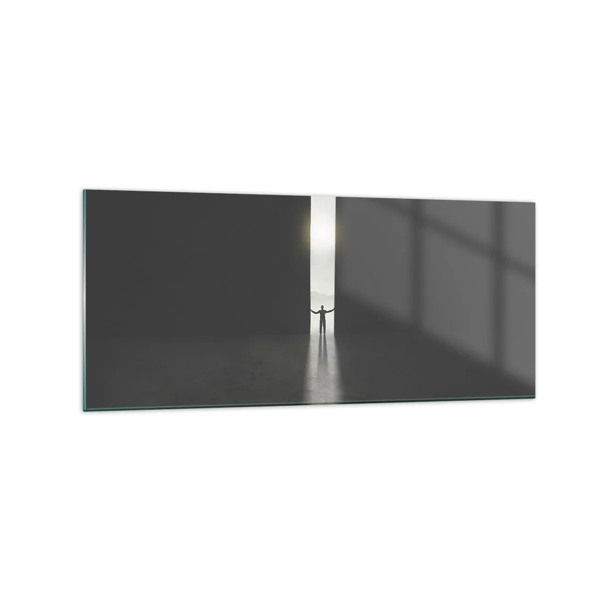 Obraz na szkle - Człowiek stojący w świetle wąskiej szczeliny w ciemnej przestrzeni - 120x50cm - Krok do jasnej przyszłości - Nowoczesna dekoracja ścienna do salonu i sypialni ARTTOR
