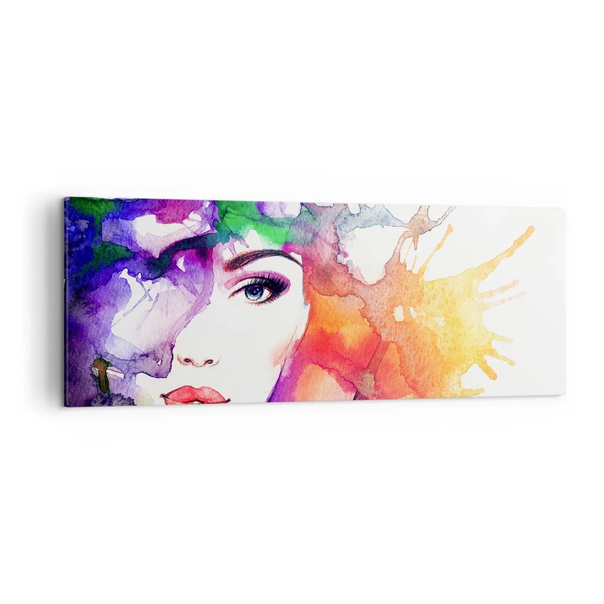 Obraz na płótnie - Portret kobiety w akwarelowych barwach z abstrakcyjnymi plamami - 140x50cm - Z głową w chmurach - Nowoczesna dekoracja ścienna do salonu i sypialni ARTTOR