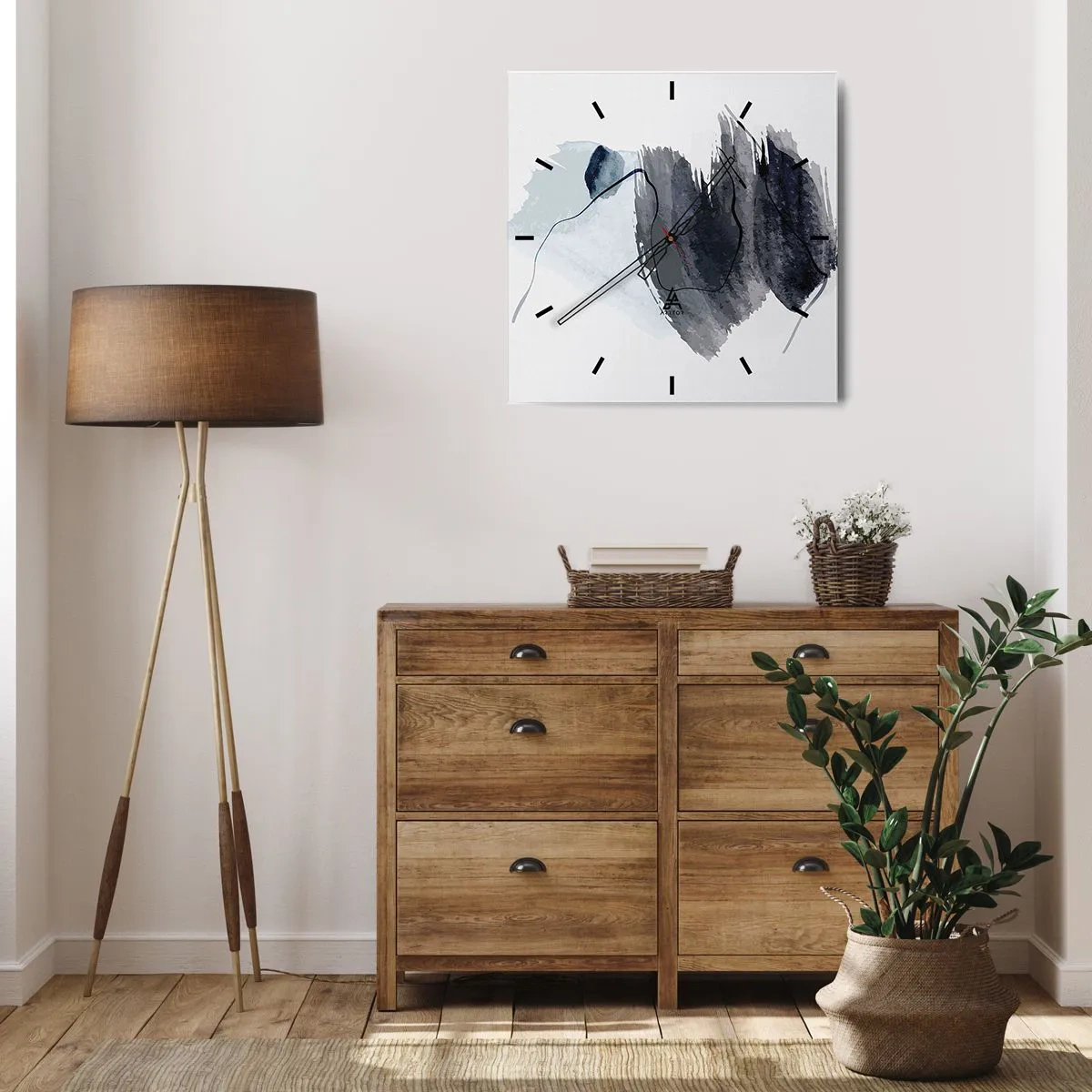 Zegar ścienny - Abstrakcyjna kompozycja w odcieniach szarości i błękitu - 30x30cm - Intensywność i ruch - Nowoczesna dekoracja ścienna do salonu i sypialni ARTTOR